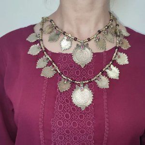 Tribal Vintage Two Layers Coins Necklace,With Red Glass Stones, Vintage Coins